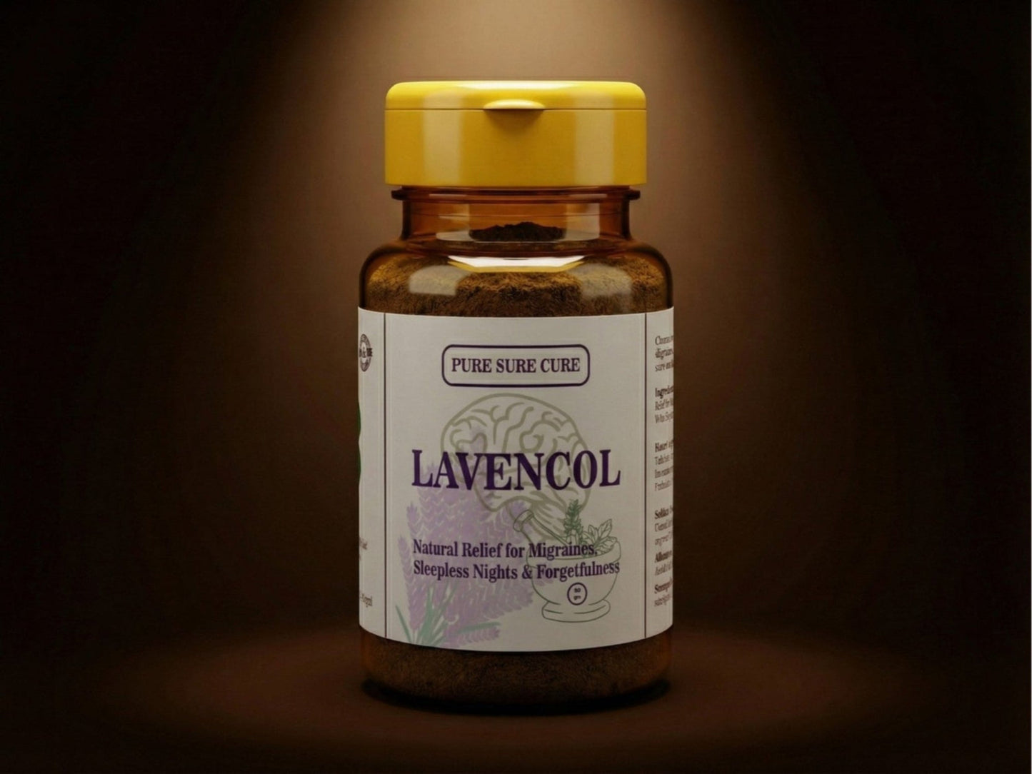 Bottle of Lavencol with a yellow cap on a dark background