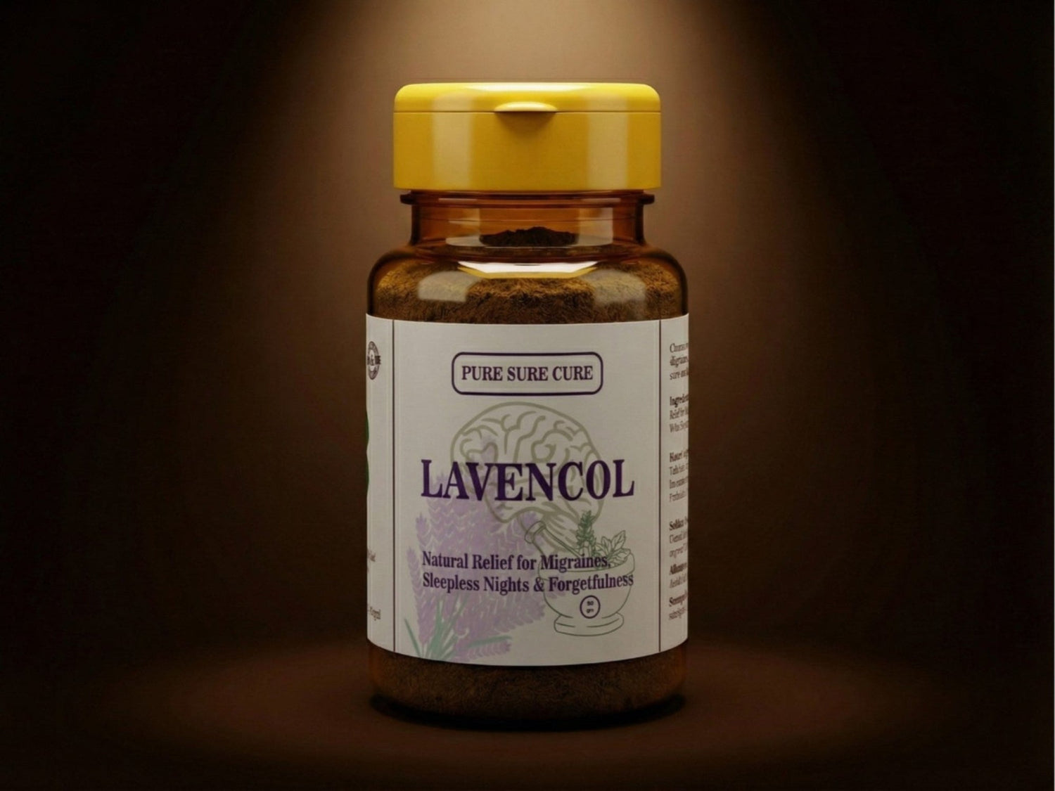 Bottle of Lavencol with a yellow cap on a dark background